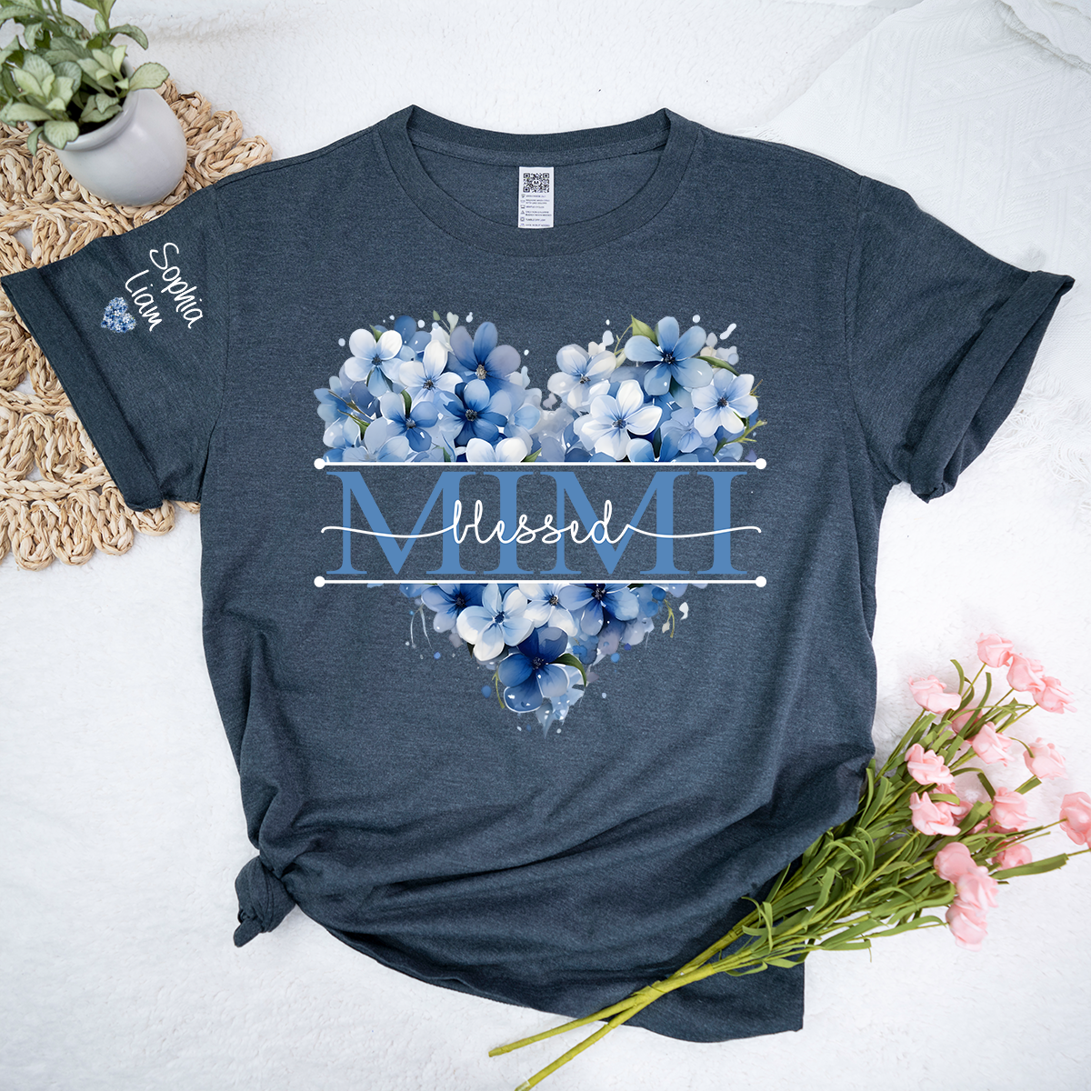 Personalized Blessed Mimi Floral Heart T Shirt, Custom Family Names with Beautiful Blue Flowers, Perfect Gift for Mimi