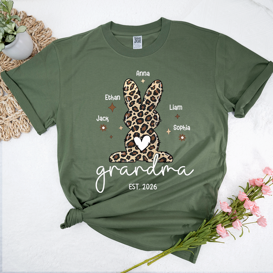 Personalized Grandma Easter Bunny Leopard Print T-shirt, Custom Grandma And Kids