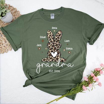 Personalized Grandma Easter Bunny Leopard Print T-shirt, Custom Grandma And Kids