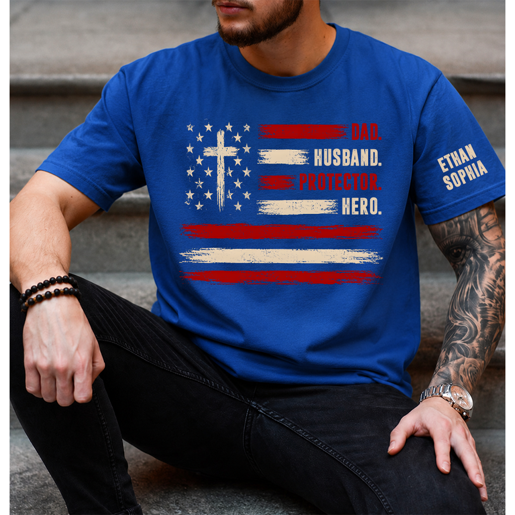 Dad Husband Protector Hero T-Shirt – Personalized Names Patriotic Gift for Father Papa Birthday Fathers Day