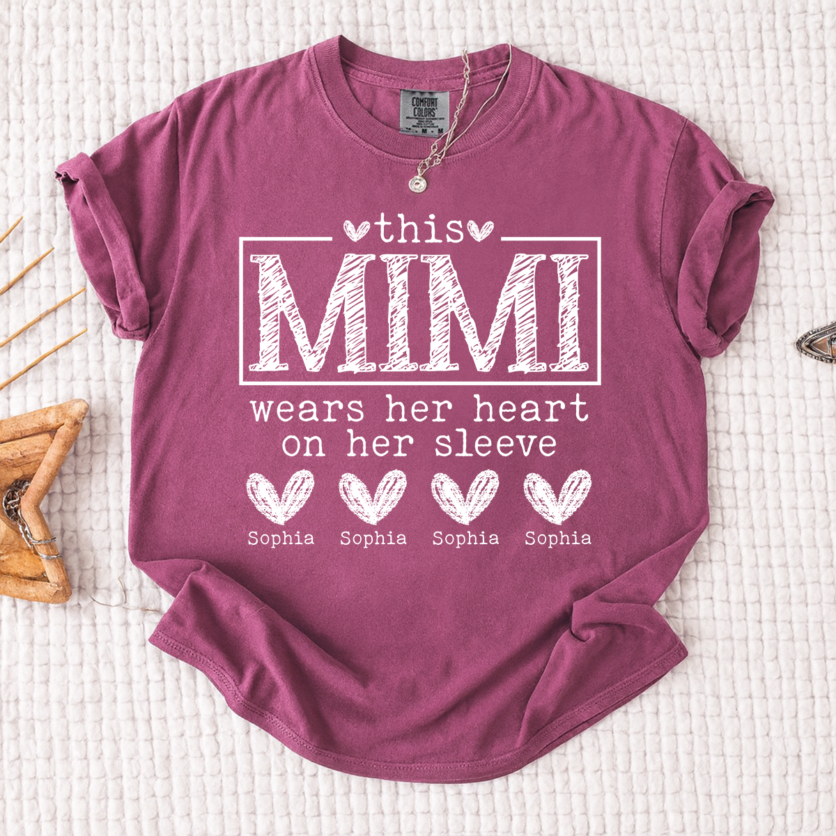 Comfort Colors Custom Mimi Shirt, This Mimi Wears Her Heart on Her Sleeve  with Grandkids Names, Idea Gift for Mother's Day, Birthday