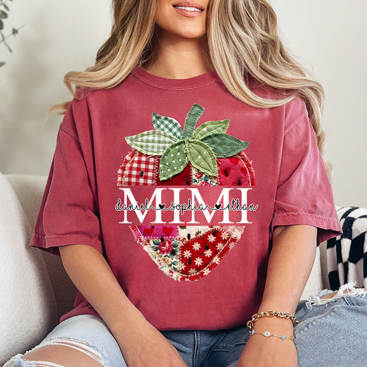 Personalized Mimi Shirt with Kids Names, Vintage Strawberry Patchwork Design Tee, Cute Grandma Gift for Summer