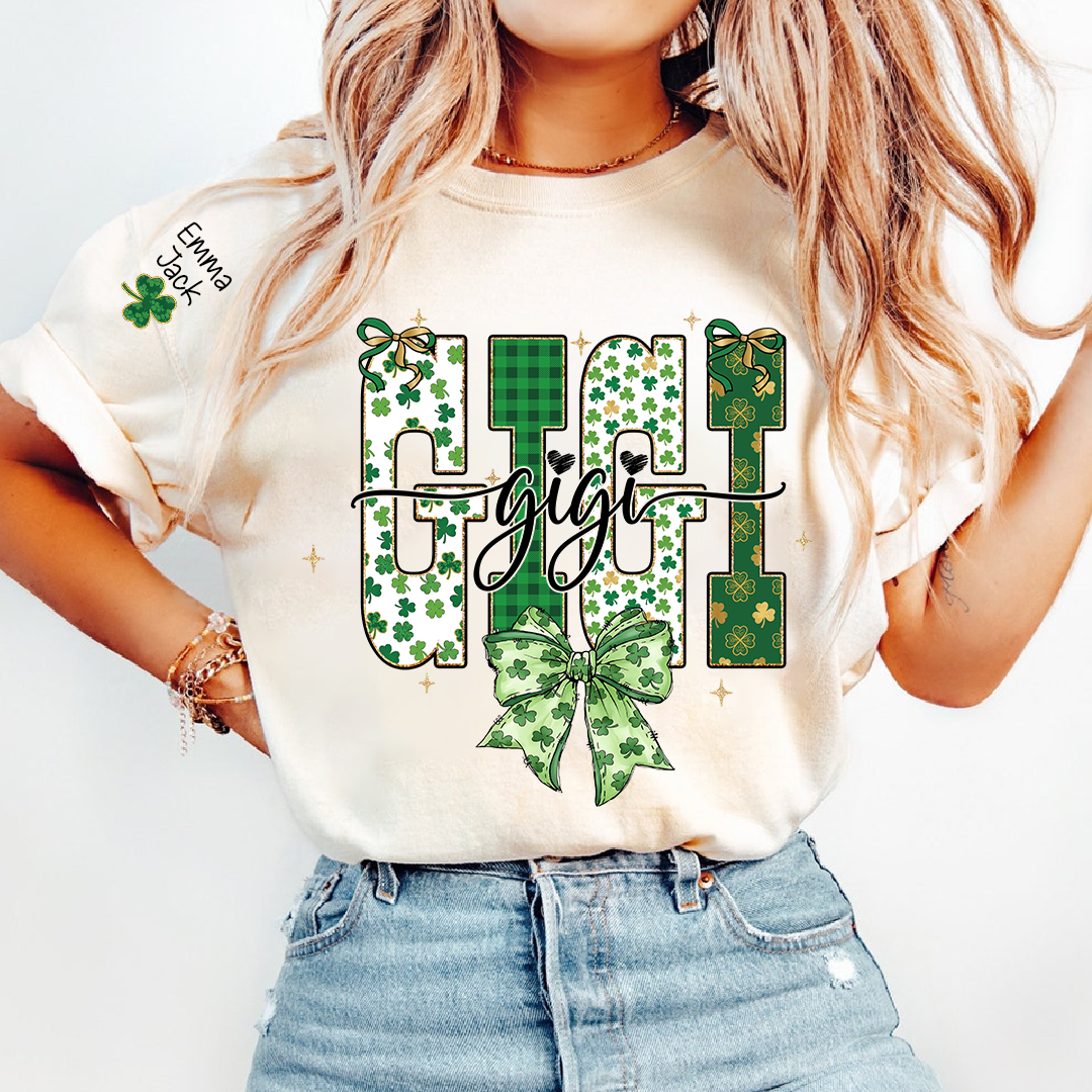 Lucky Gigi St Patrick’s Day T Shirt, Green Clover Bow Design, Gift For Grandma And Grandchildren