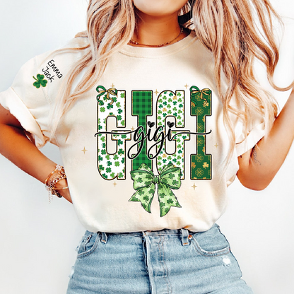 Lucky Gigi St Patrick’s Day T Shirt, Green Clover Bow Design, Gift For Grandma And Grandchildren