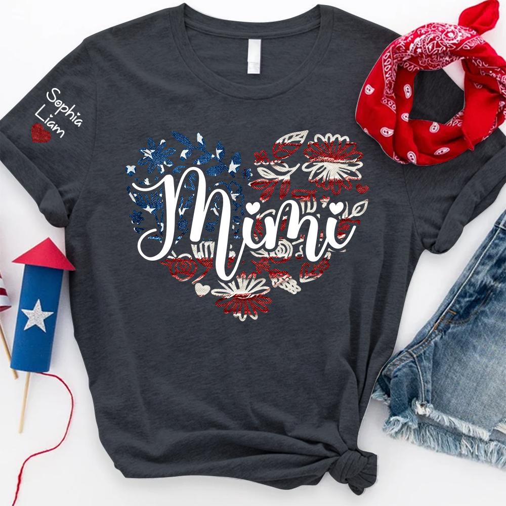 Custom Mimi T Shirt with Kids Names Patriotic Heart American Flag Floral Design Personalized Family Gift for Mimi