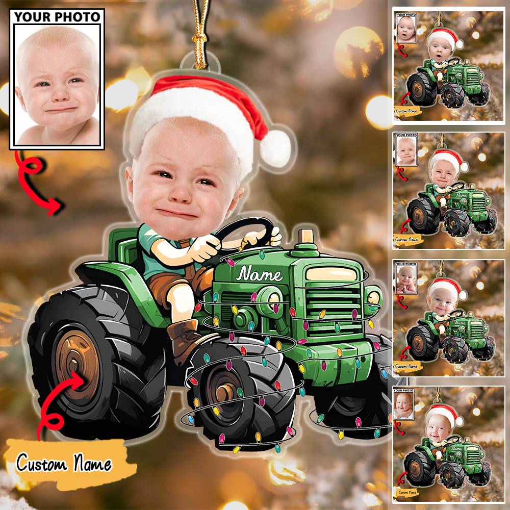 Baby Christmas Ornament, Custom Photo and Name Tractor Holiday Decoration