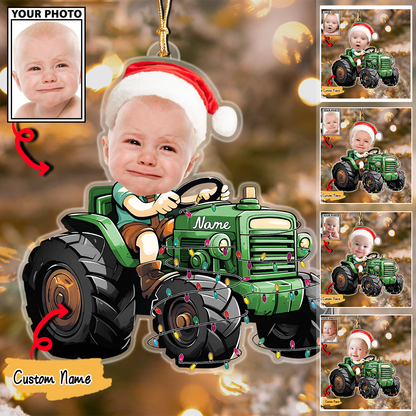 Baby Christmas Ornament, Custom Photo and Name Tractor Holiday Decoration