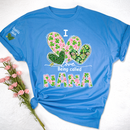 I Love Being Called Nana Shirt, St Patrick’s Day Floral Heart Family T Shirt, Gift For Grandma And Kids