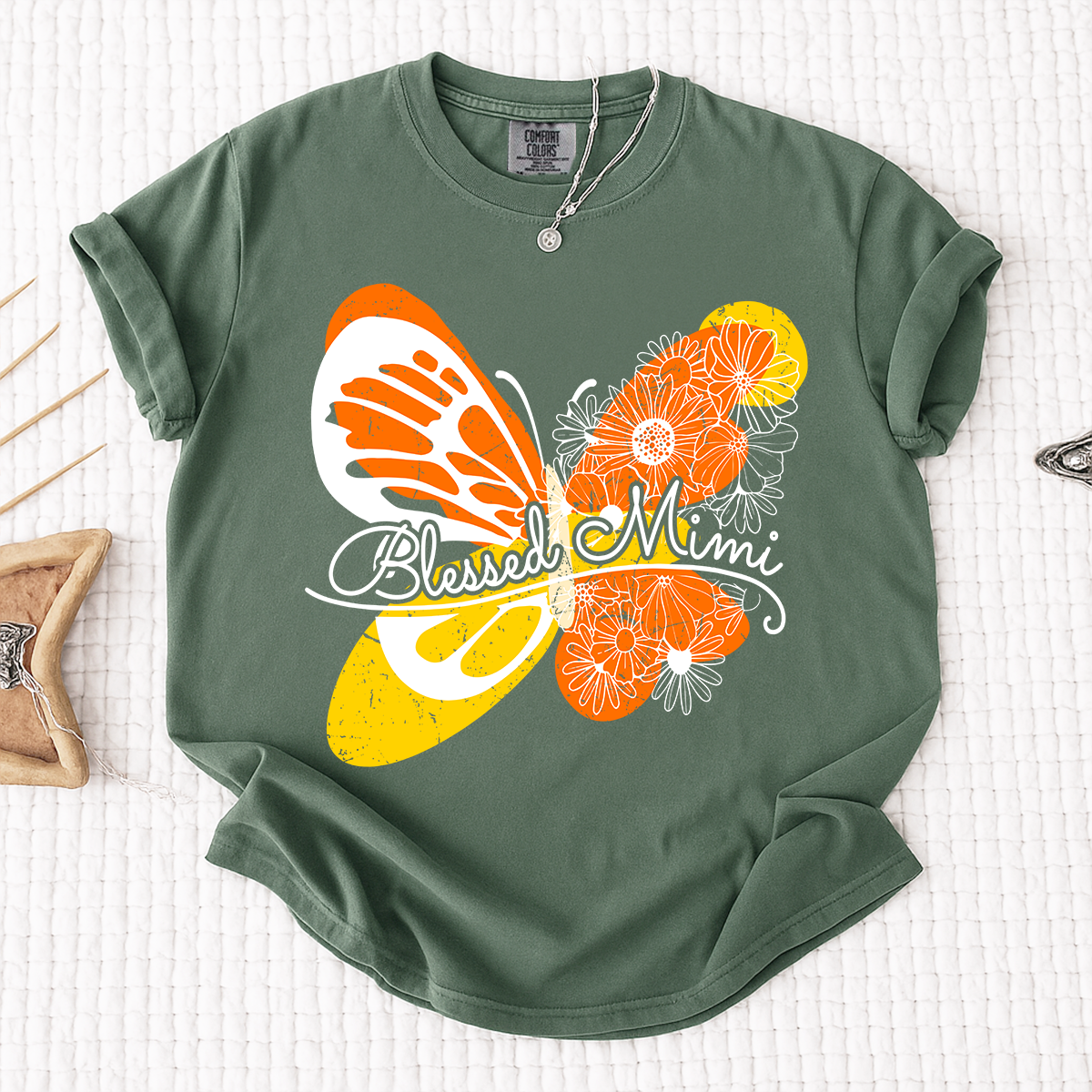 Comfort Colors Personalized Blessed Mimi Shirt with Butterfly and Floral Design, Custom Grandkids Names