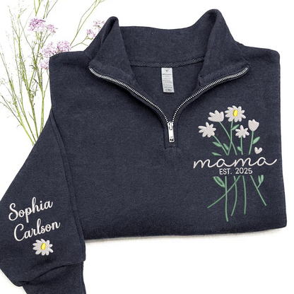 Custom Embroidered Mama Sweatshirt – Quarter Zip Floral Pullover for Mom