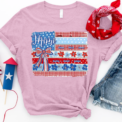 Patriotic Mimi Shirt with Grandkids Names Custom Family Shirt Featuring American Flag and Floral Bow Design