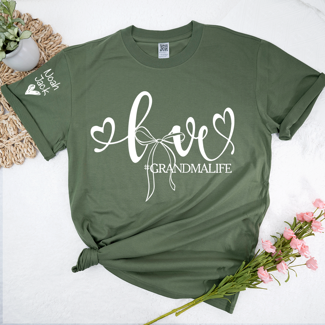 Personalized Grandma Life T-Shirt, Custom Name Graphic Tee with Love and Bow Design