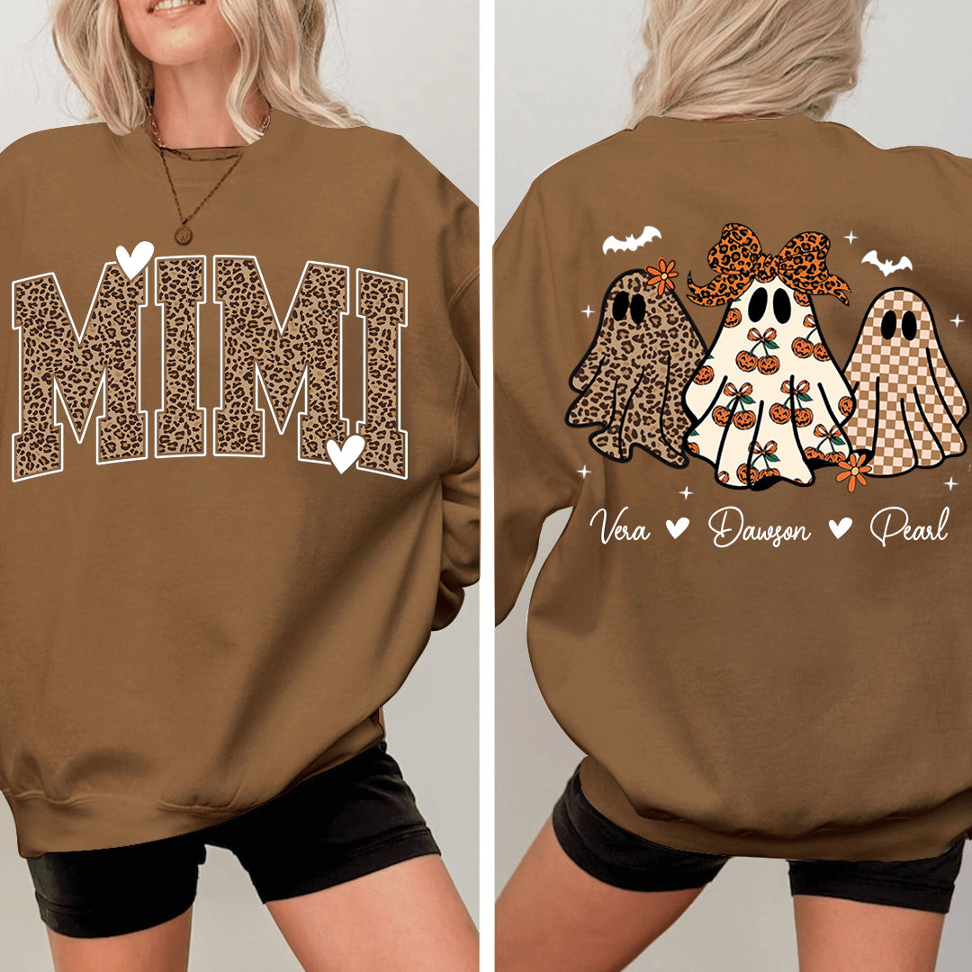 Personalized Mimi Leopard Print Halloween Sweatshirt, Gift for Grandma And Kids