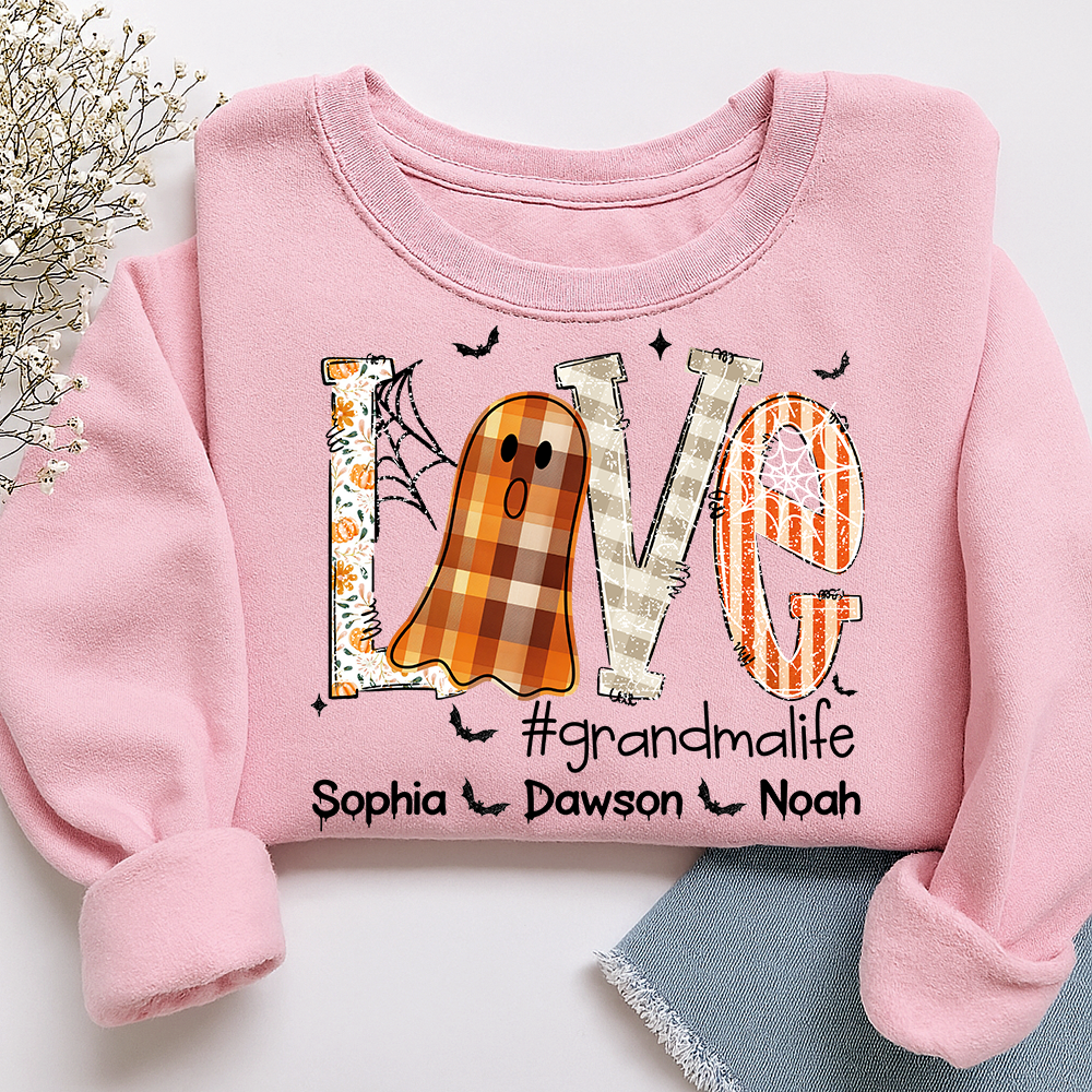 Personalized Grandma Halloween Outfit, Cute Ghost Sweatshirt with Grandkids Names