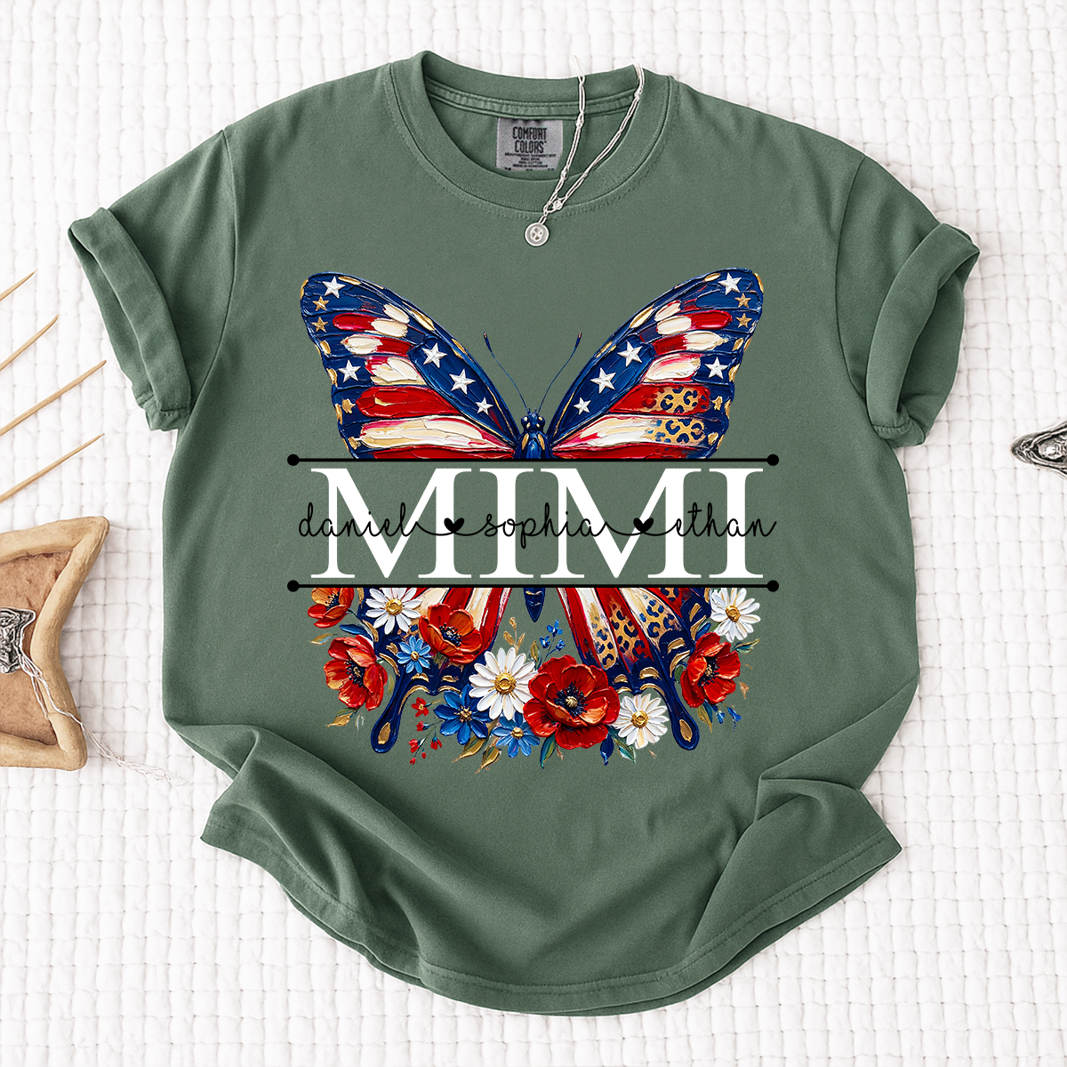 Comfort Custom Mimi T Shirt with Grandkids Names, American Flag Butterfly Family Tee