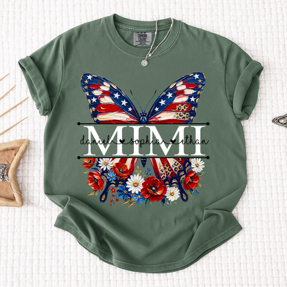 Comfort Custom Mimi T Shirt with Grandkids Names, American Flag Butterfly Family Tee