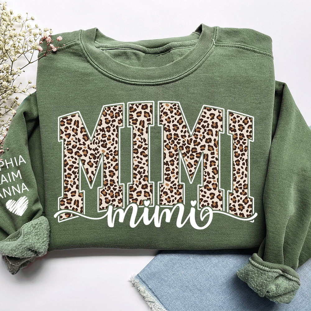 Personalized Mimi Leopard Print Sweatshirt, Custom Grandkids’ Names on Sleeve, Heart Detail