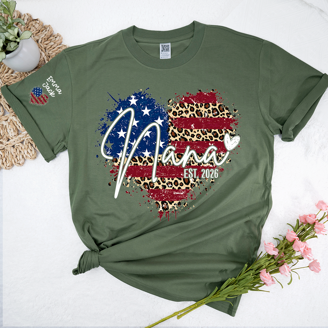 Custom American Flag Heart Nana T-shirt, Grandma Shirt with Kids, Mother's Day Gift for Grandma