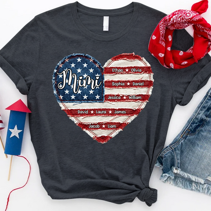 Personalized Mimi Shirt, Custom Family Names T Shirt, American Flag Heart Design, Patriotic Gift for Mimi