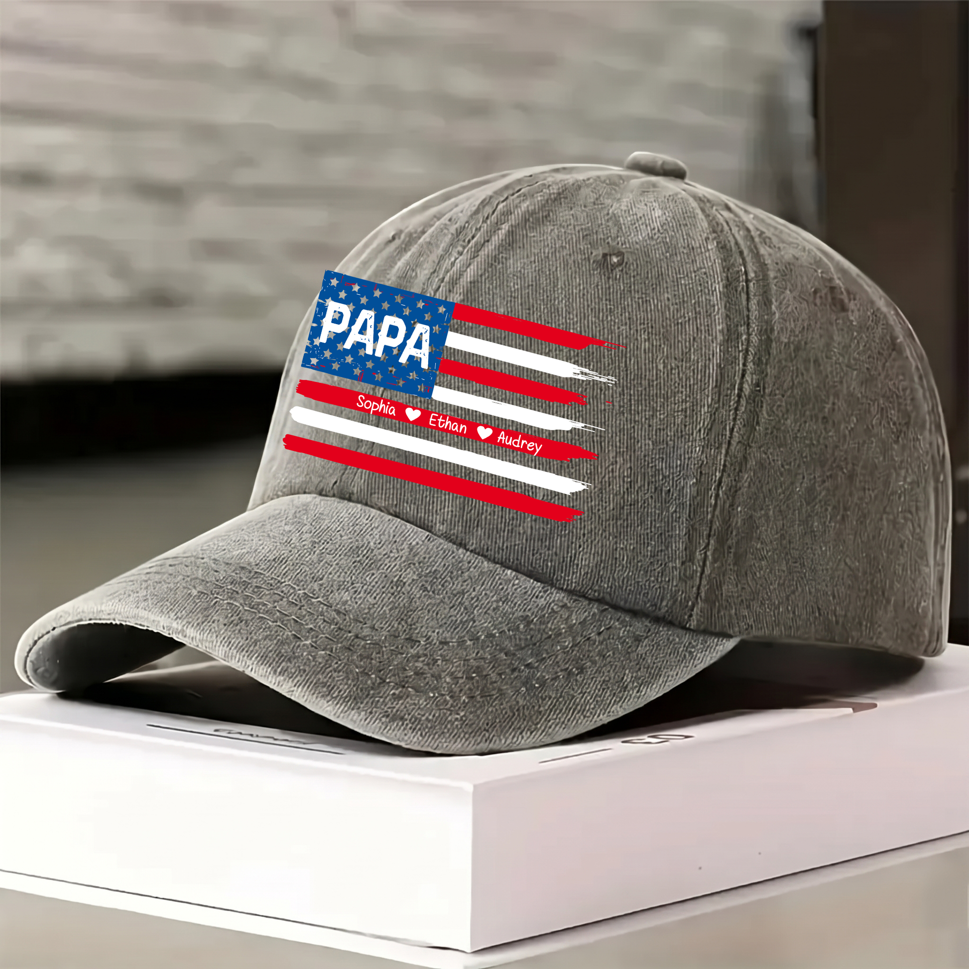 Personalized Papa American Flag Hat Custom Kids Names Baseball Cap Gift For Dad Grandpa Father’s Day Patriotic Adjustable Navy Blue Cap