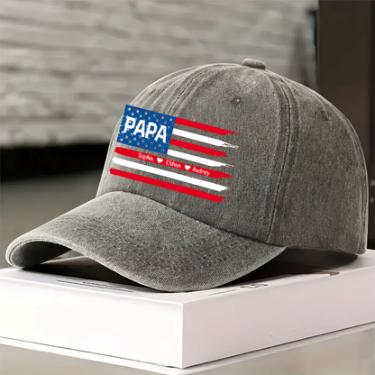 Personalized Papa American Flag Hat Custom Kids Names Baseball Cap Gift For Dad Grandpa Father’s Day Patriotic Adjustable Navy Blue Cap