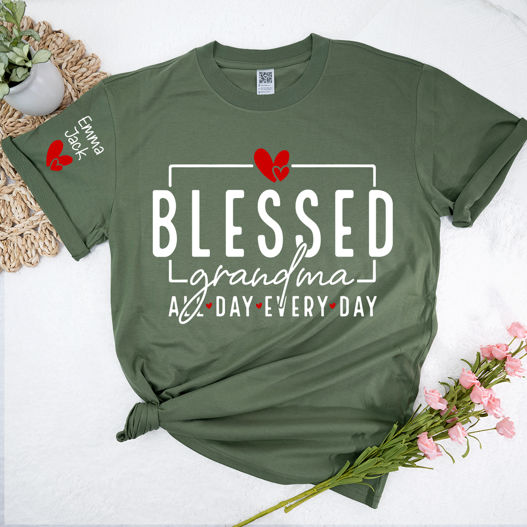 Blessed Grandma All Day Every Day Shirt, Personalized Family T Shirt with Grandkids Names and Heart Design