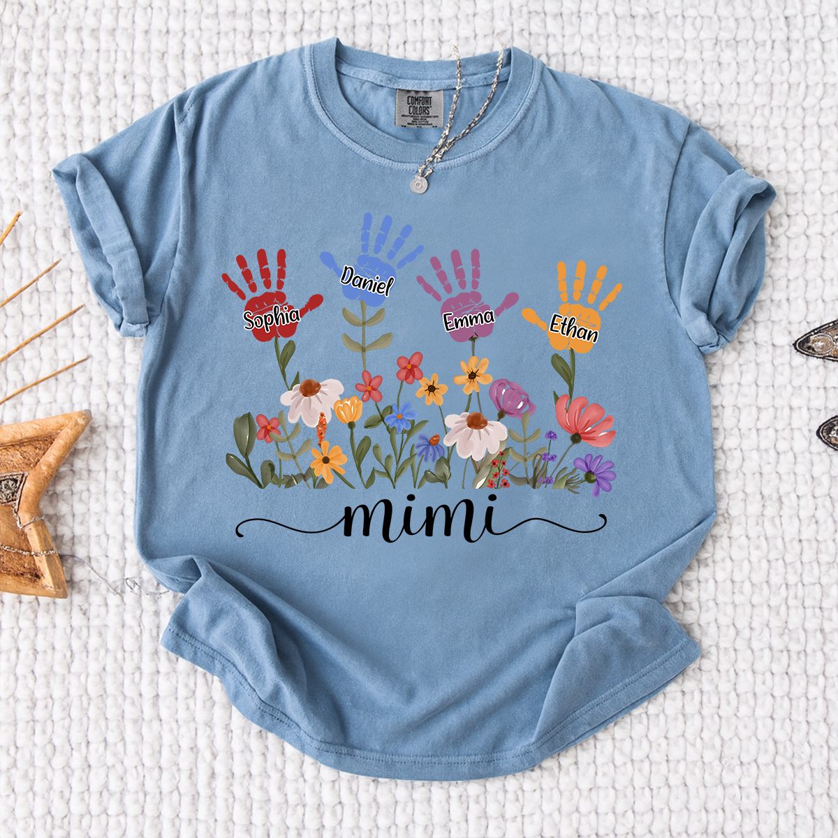 Comfort Colors Mimi Custom T Shirt with Kids Handprints, Personalized Family Names and Colorful Flower Design
