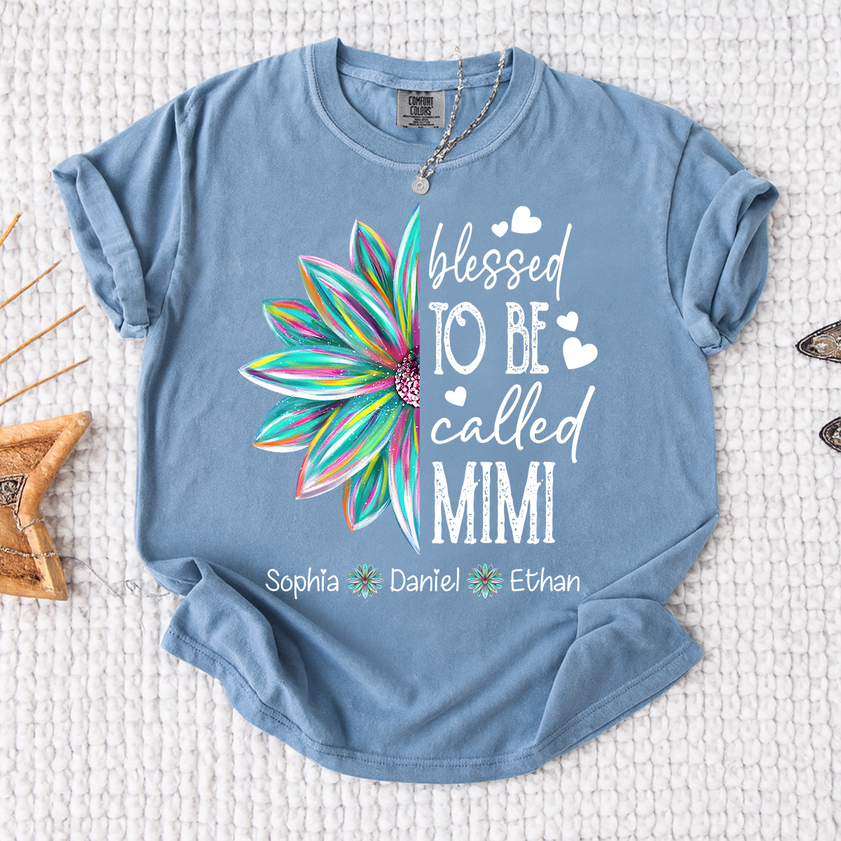 Comfort Colors Blessed To Be Called Mimi Colorful Flower T Shirt, Personalized Grandma Shirt with Kids' Names