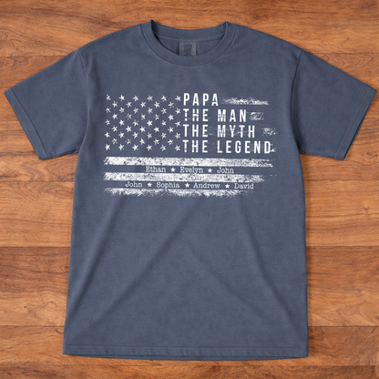 Comfort Colors Personalized Papa The Man The Myth The Legend Shirt – Custom Dad Gift with Kids Names and American Flag Design