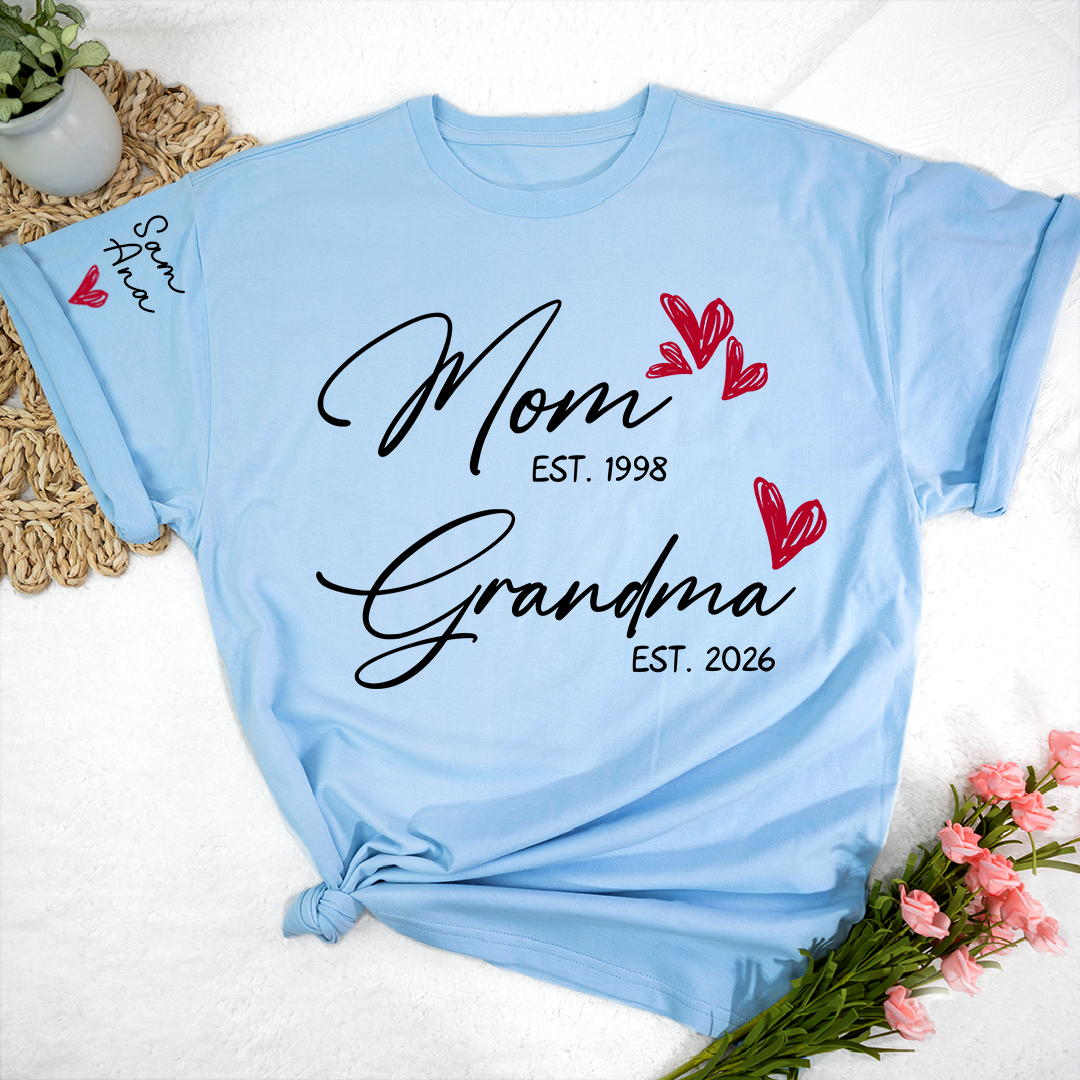 Personalized Mom and Grandma T-Shirt, Custom EST Year T-Shirt with Heart and Arrow Design for Mom and Grandma