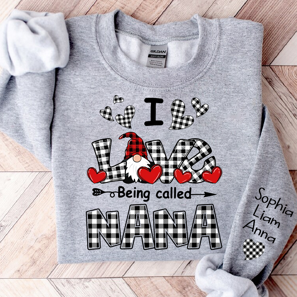 I Love Being Called Nana Sweatshirt, Gingham Heart Gnome, For Gift Valentine Grandma And Kids