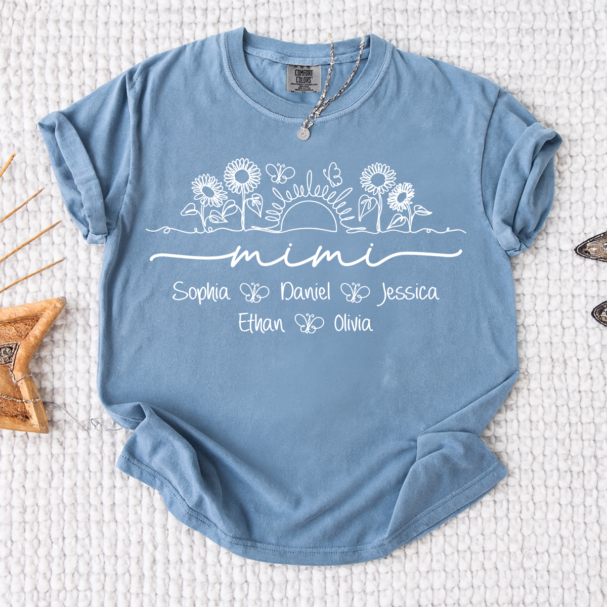 Comfort Colors Custom Mimi T Shirt with Grandchildren Names, Sunflower Garden Graphic Tee, Personalized Family Apparel for Women