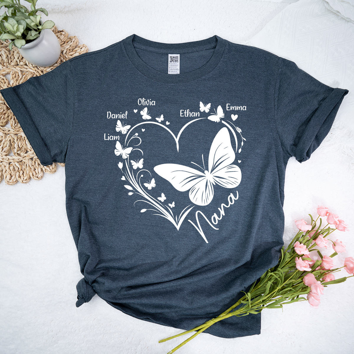 Nana Butterfly Heart Shirt with Kids Names, Personalized Nana Grandma T-Shirt Gift for Her
