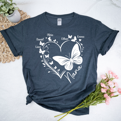Nana Butterfly Heart Shirt with Kids Names, Personalized Nana Grandma T-Shirt Gift for Her