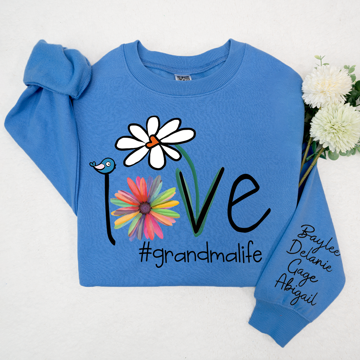 Flower Love Grandma Life Sweatshirt, Custom Nickname And Grandkids Xmas Sweatshirt