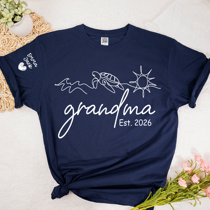 Personalized Grandma Nature Shirt, Sea Turtle Botanical Graphic Tee, Custom Sleeve Names T Shirt, Ocean Lover Gift for Grandma
