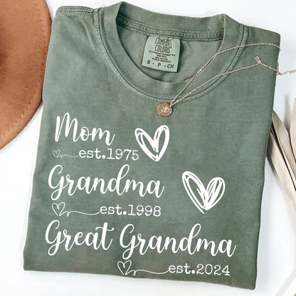 Personalized Grandma Shirt Mom Grandma Great Grandma Est Year Design, Custom Family Generation Shirt With Names or Years, Meaningful Family Keepsake Apparel for Women
