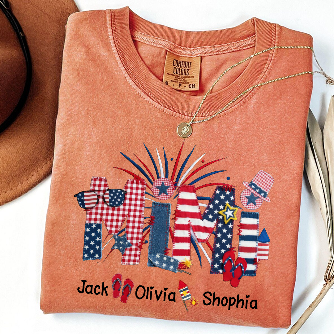 Comfort Colors Mimi Custom T Shirt with Patriotic Design & Grandkids' Names, Perfect for 4th of July