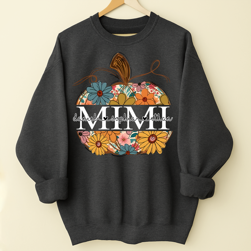 Custom Mimi Pumpkin Sweatshirt with Grandchildren Names, Personalized Floral Fall Shirt, Grandma Thanksgiving Gift