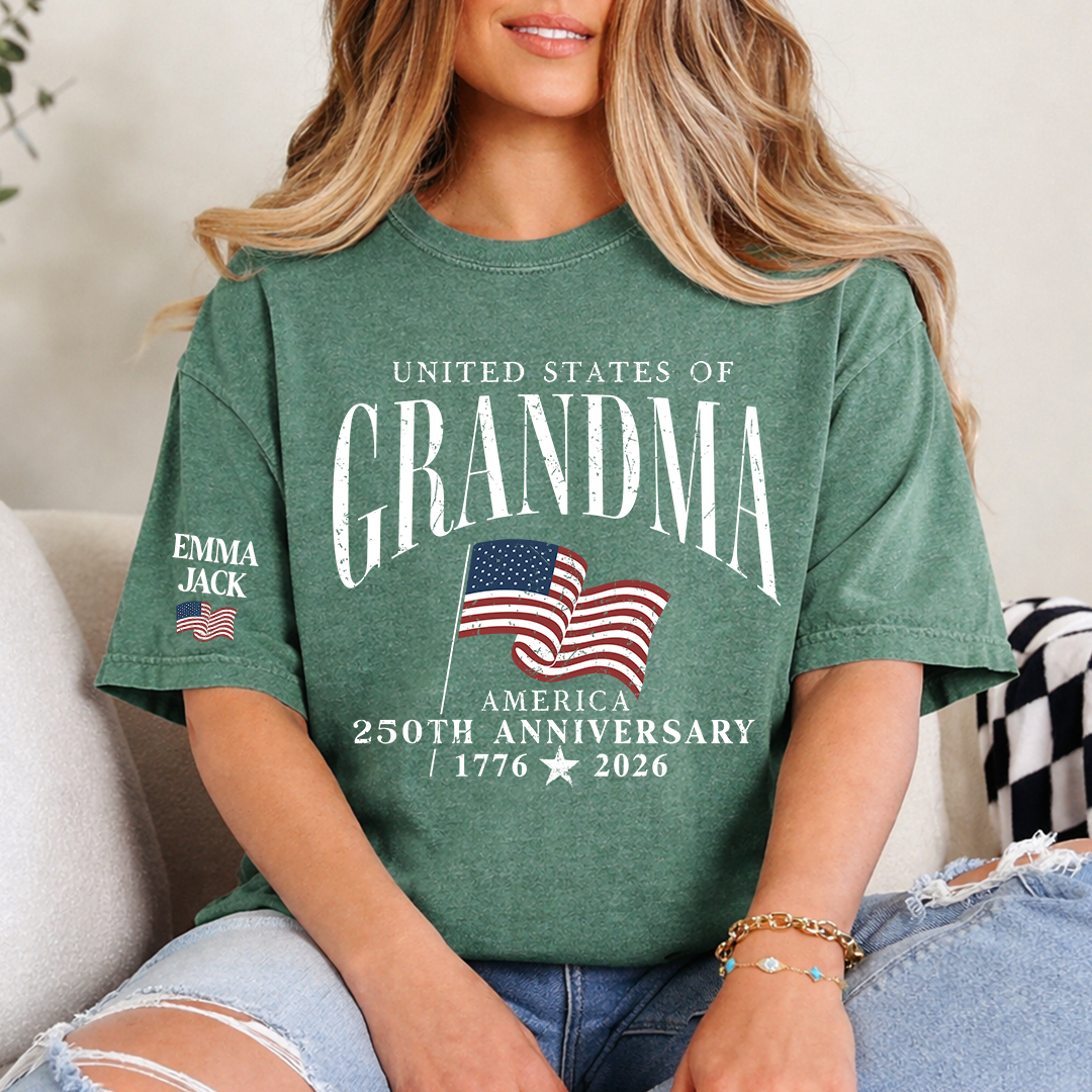America's Semiquincentennial T-Shirt, Personalized For Gift Grandma with Kid Names