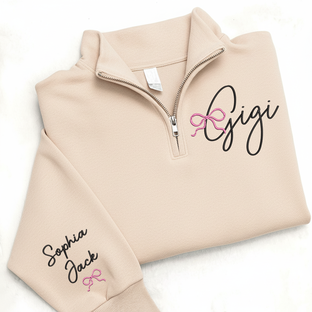 Custom Gigi Embroidered Quarter Zip – Personalized Sweatshirt For Grandma Or Gigi With Kids Names And Pink Bow Design