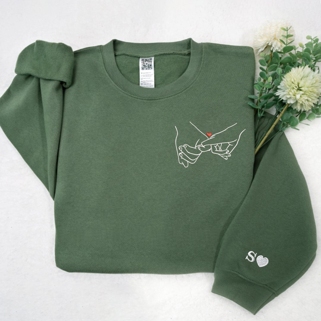 Hand Couple Embroidered, Custom Initials On Sleeves TH Sweatshirt