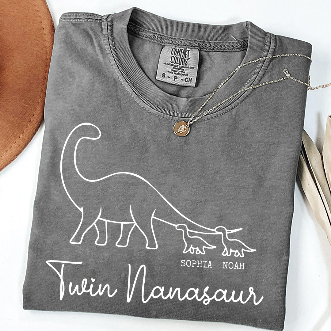 Comfort Colors® Twin Nanasaur Shirt, Personalized Dinosaur Grandma Tee, Custom Grandkids Names T Shirt, Fun Dino Grandma Gift