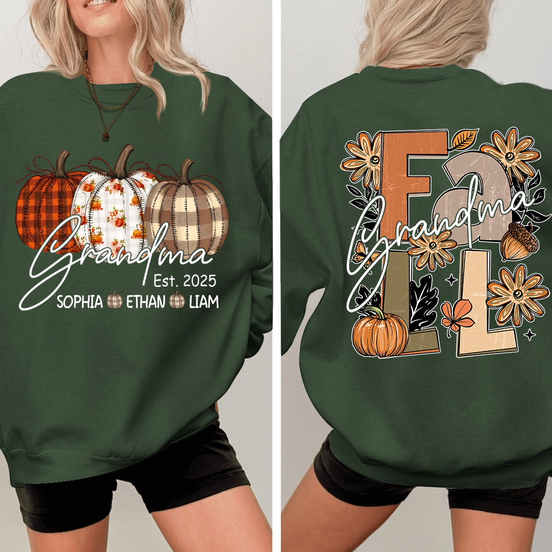 Grandma Autumn Sweatshirt, Pumpkin Floral Shirt with Custom Grandkids Names