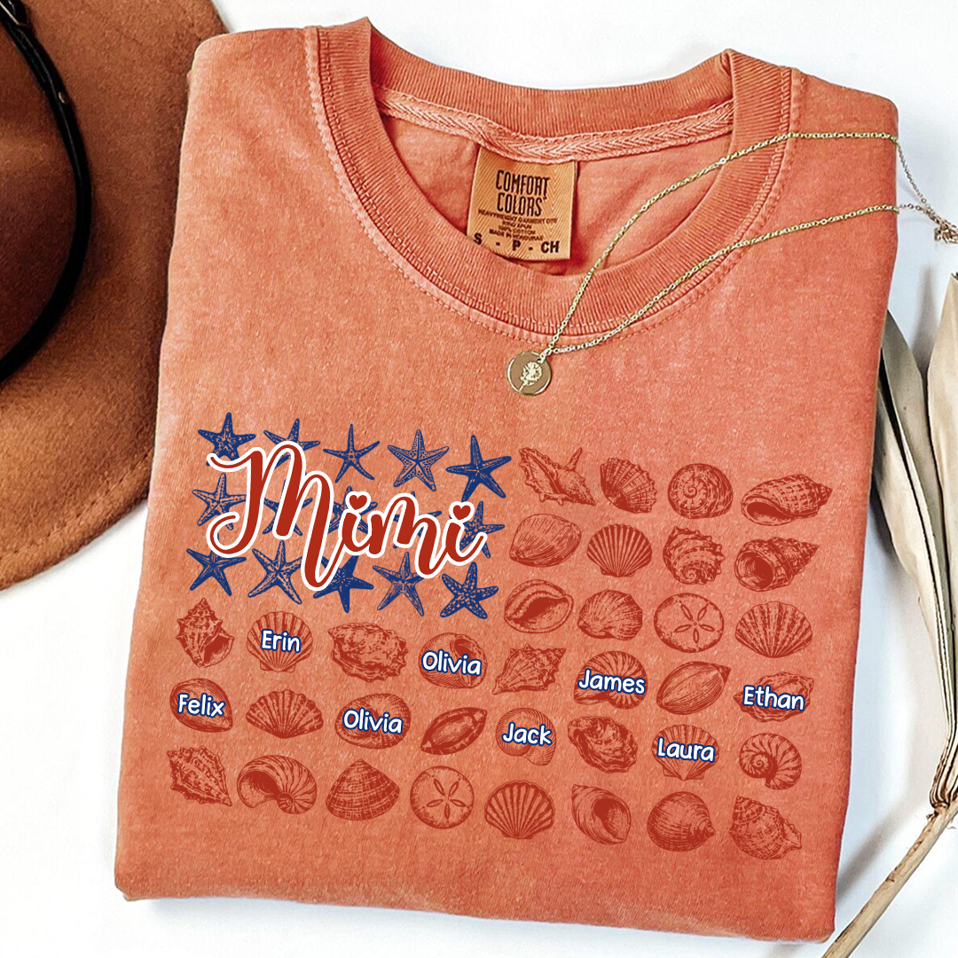 Comfort Colors Custom Mimi Shirt with Kids Names, Personalized Beach Shells Grandma Tee, Summer Family Vacation Gift for Grandmother