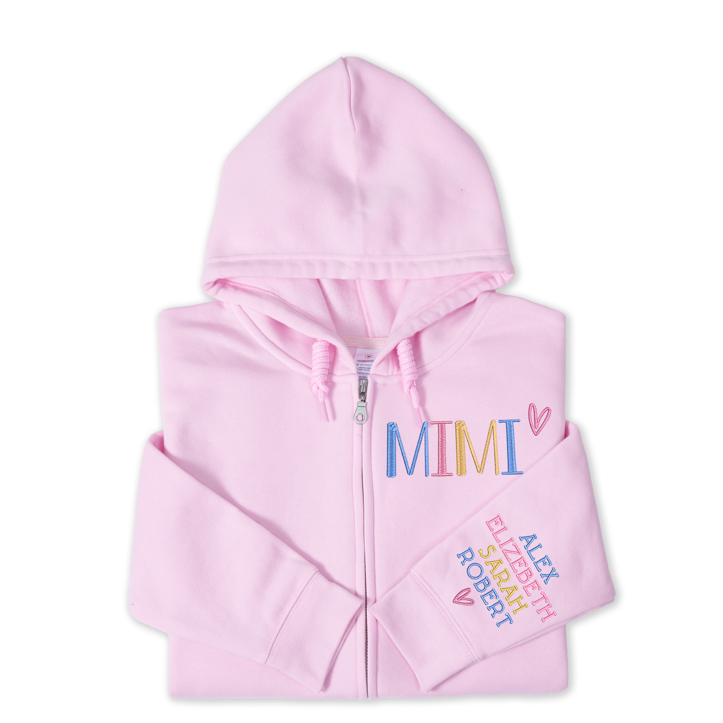 Personalized Embroidered Zip Hoodie for Grandma Mimi, Custom Name & Kids Names Sleeve Stitching, Cozy Full Zip Hooded Sweatshirt Gift for Family