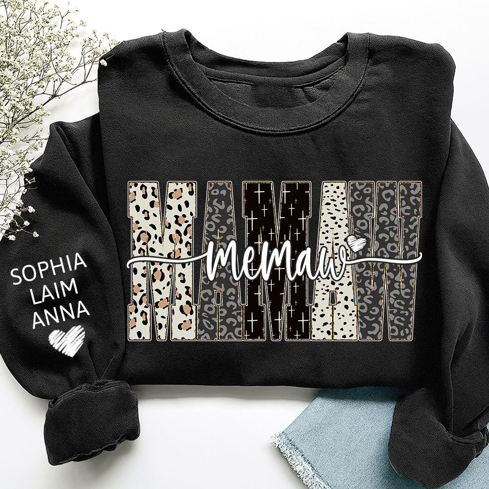 Personalized Memaw Leopard Sweatshirt – Custom Bible Style Design, Unique Gift for Grandma and Her Grandkids