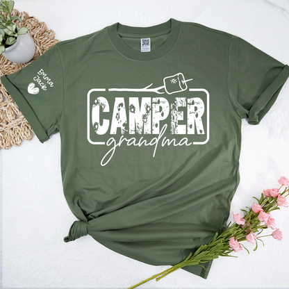 Camper Grandma Shirt, Funny Camping Grandma Tee, Personalized Grandkids Names Sleeve Shirt, RV Camper Gift for Grandma