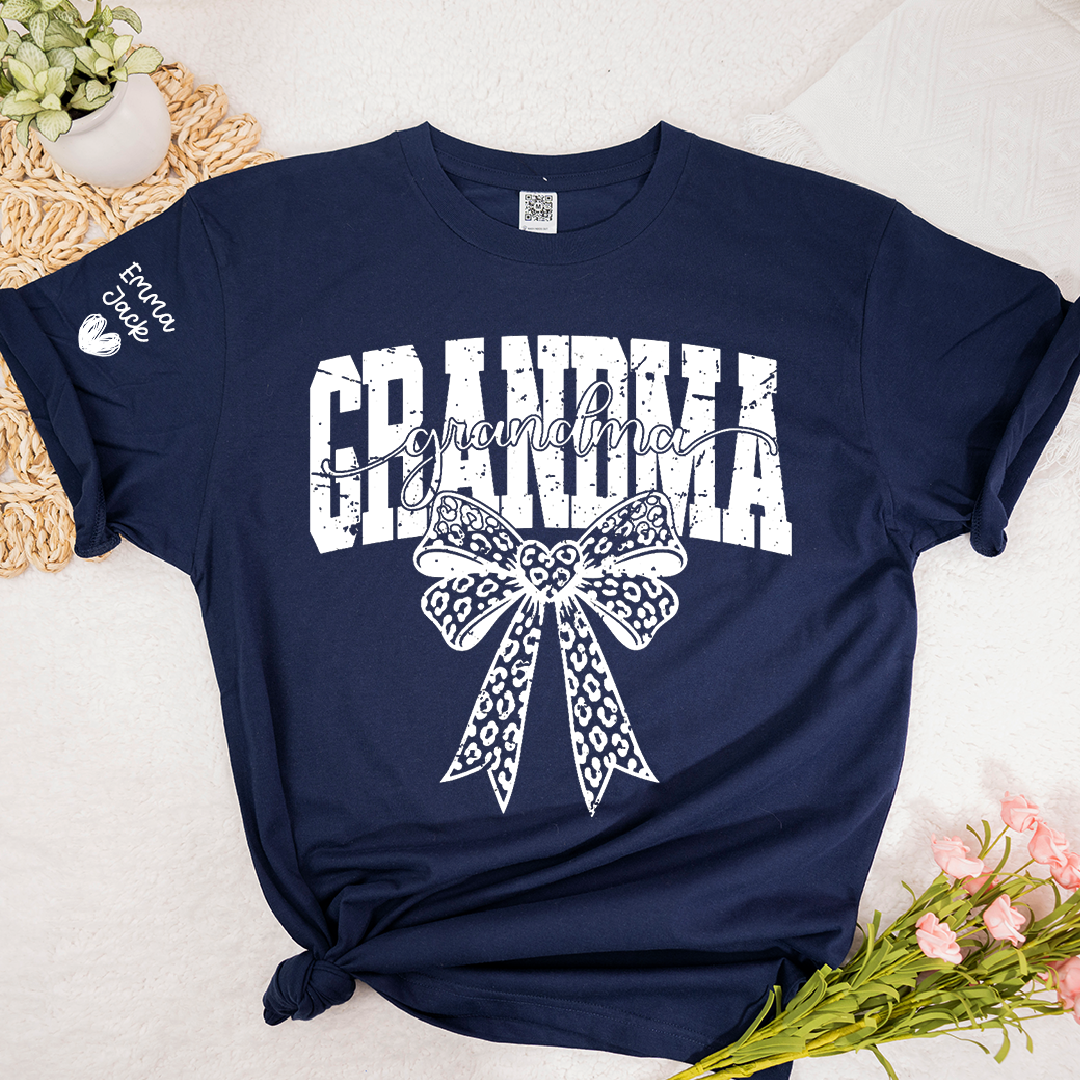 Personalized Grandma T-Shirt with Leopard Print Bow and Custom Grandkids Names