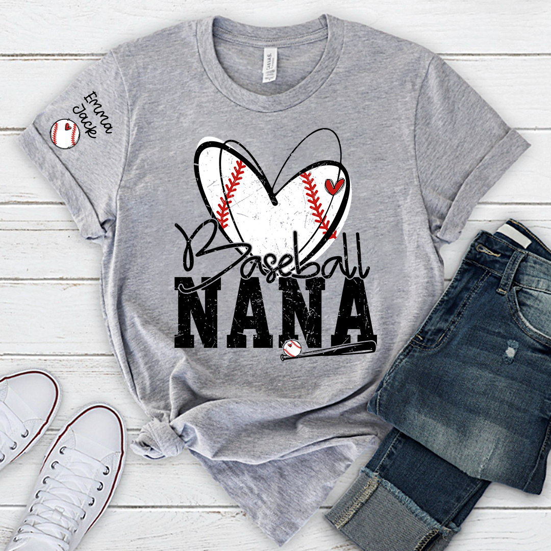 Baseball Nana Shirt, Personalized Family T Shirt with Custom Grandkids Names and Heart Design